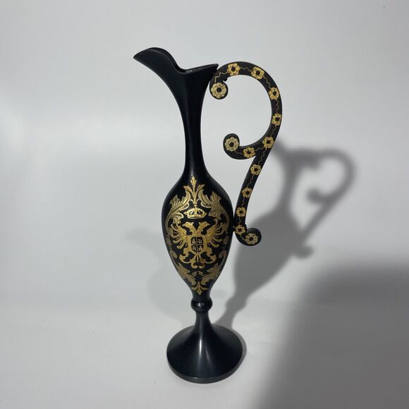 Vintage Black Gold Ornamental Metal Miniature Ewer Heraldic Etched Handle - Picture 1 of 9